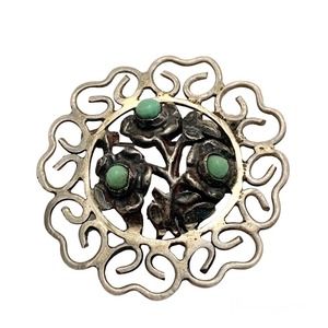 Vtg mexico sterling dimensional flower turquoise cabochon round brooch pin
